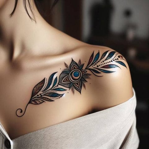 Flowing like liquid poetry across the collarbone, this mesmerizing feather design blooms into an intricate mandala centerpiece with a striking turquoise eye. The delicate dotwork and organic curves create a stunning contrast against the skin, while the strategic placement follows the natural lines of the shoulder and chest. Bold yet feminine, this piece transforms the upper body into a canvas of bohemian artistry ✨
