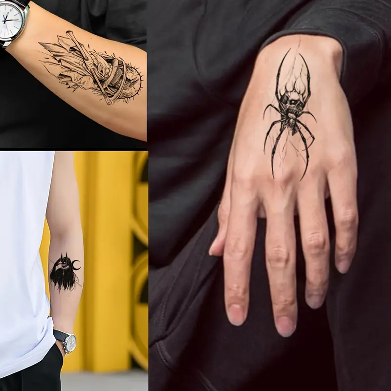 Dark mythology comes alive in this striking collection featuring bold spider and creature motifs across different placements. The hand spider showcases incredible detail work with its realistic shading and anatomical precision, while the forearm pieces blend gothic aesthetics with fine line artistry 🕷️ Each design demonstrates how darker imagery can create captivating body art that's both edgy and sophisticated.