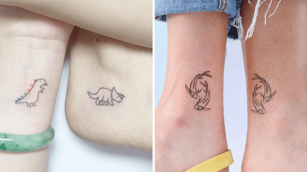 **Matching Minimalist Magic ✨**
Two beautifully contrasting tattoo pairs showcase the art of meaningful minimalism! The playful dinosaur duo brings out your inner child with their sweet, simple line work, while the elegant koi fish design creates flowing movement that perfectly follows the natural curve of the forearms. These delicate pieces prove that sometimes the smallest tattoos make the biggest statement about connection and shared stories.