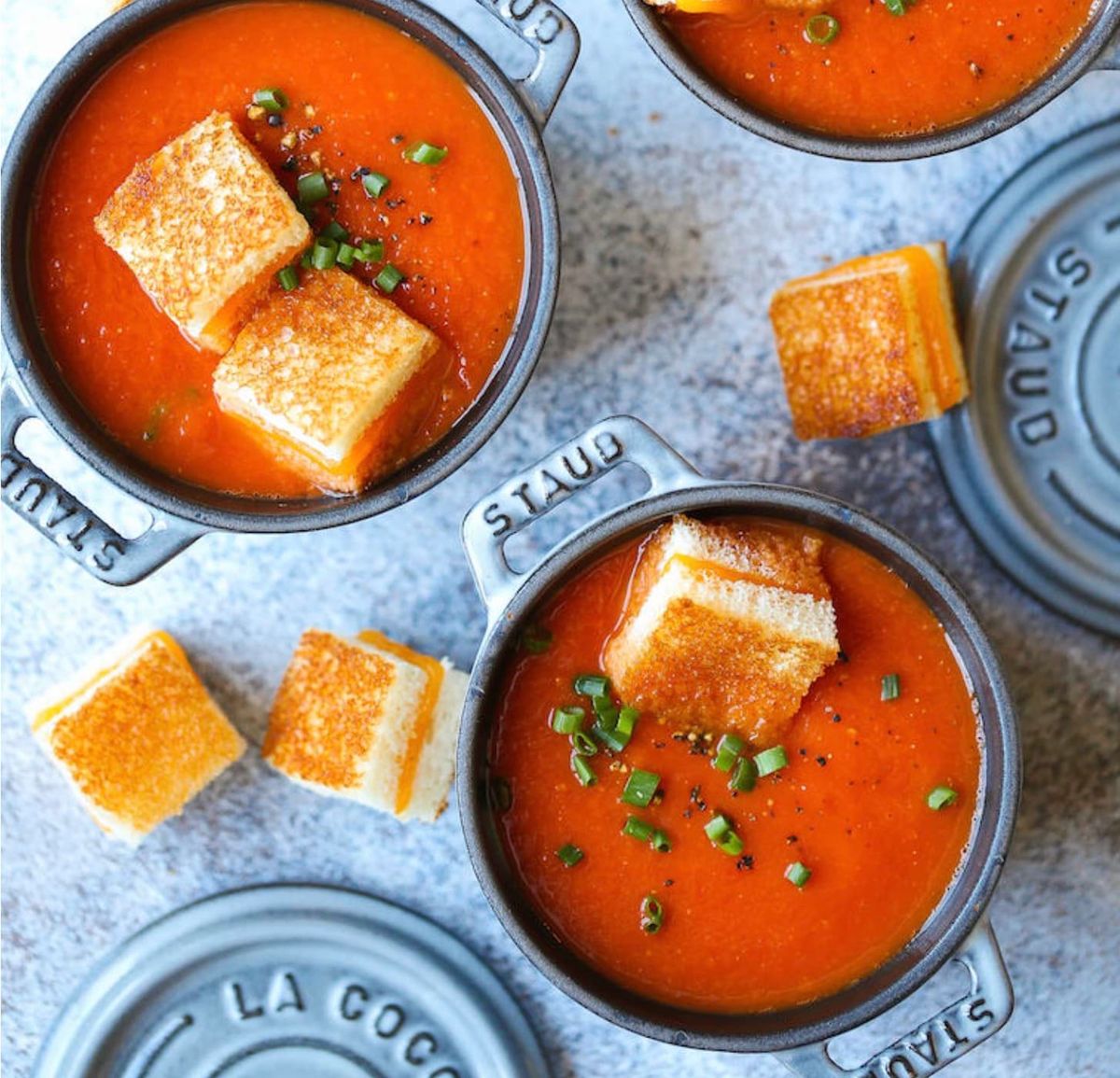 Creamy Tomato Soup with Grilled Cheese “Croutons”