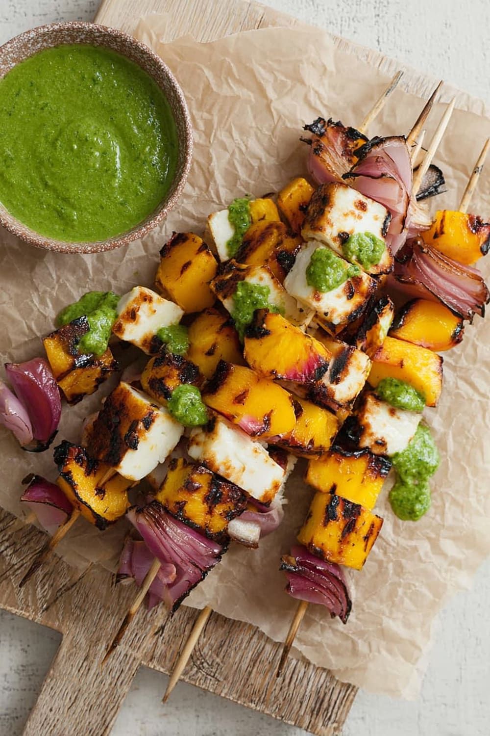 Grilled Peach and Halloumi Skewers with Basil-Jalapeno Sauce