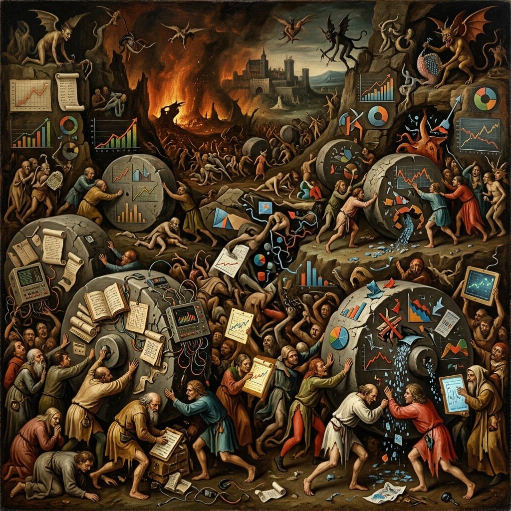 Welcome page image used on substack called Will There Be Data in Hell. A large number of people are shown pushing stone wheels with attached charts and computer screens. The image is done in the style of Bosch.