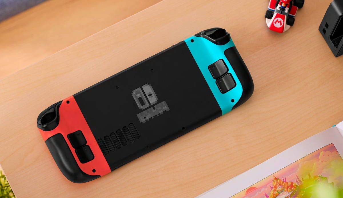 The backside of the Steam Deck with the Switchdeck skin.