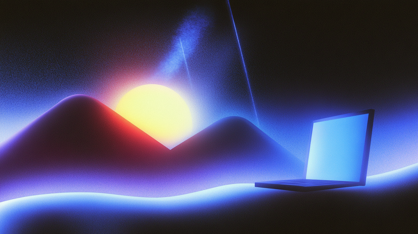 a laptop sits open, with a clear screen, in a landscape with a rising sun over two mountains