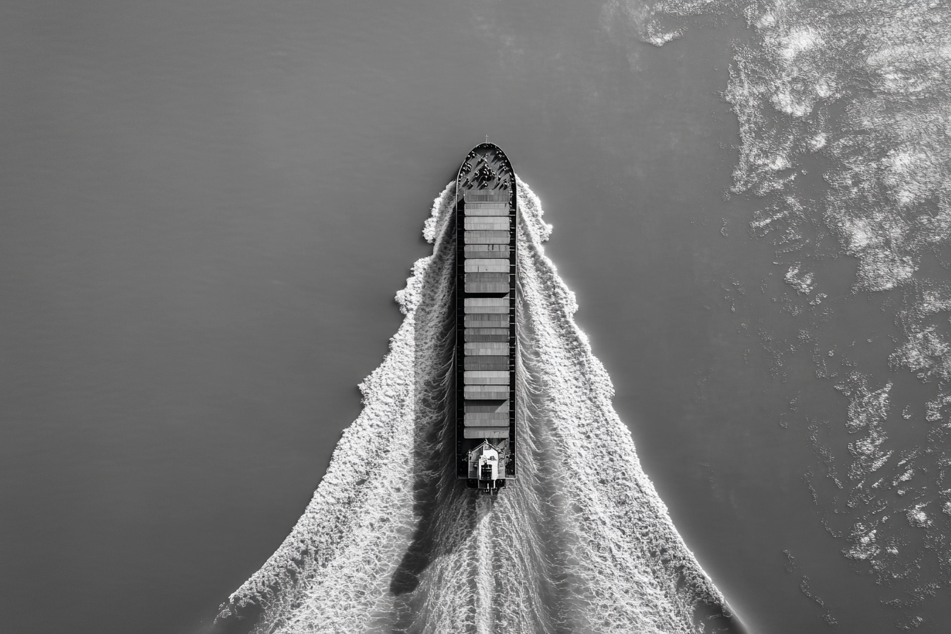 A lone cargo ship navigates an ocean alone.
