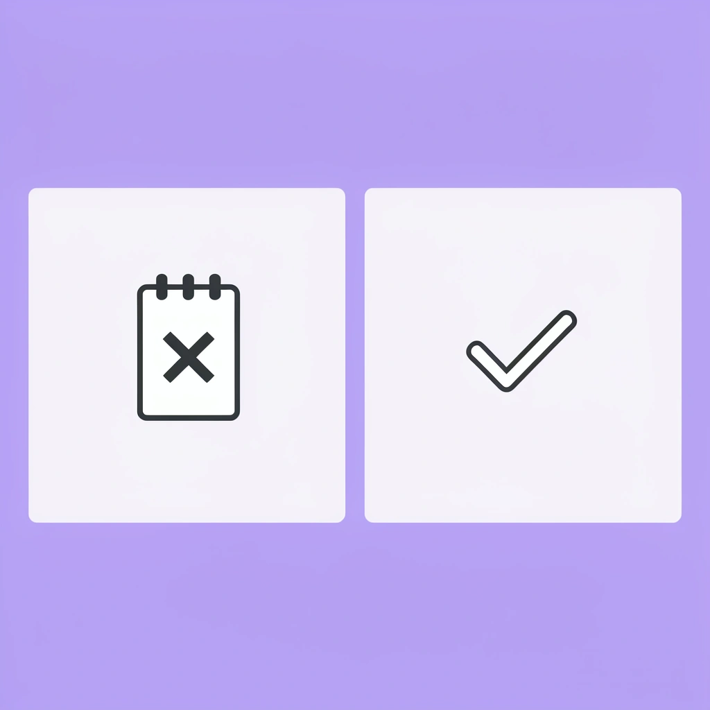 Before: scattered notes and calendar reminders with question marks. After: organized checklist with checkmarks