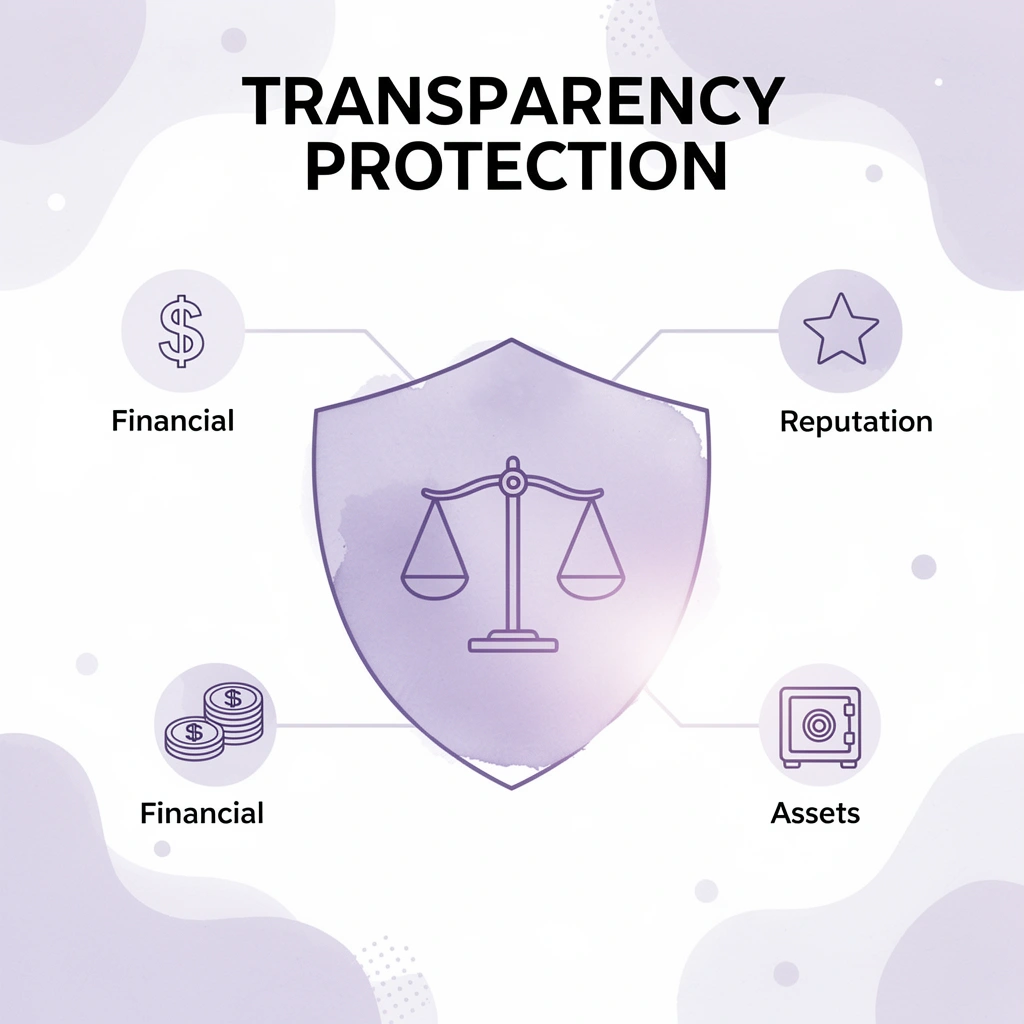 Shield diagram showing transparency protecting legal, financial, reputation, and asset interests