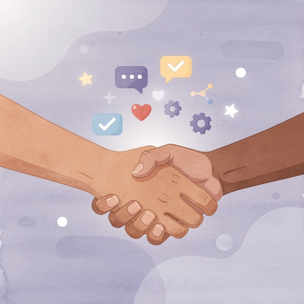 Hands connecting with floating support icons representing founders helping founders