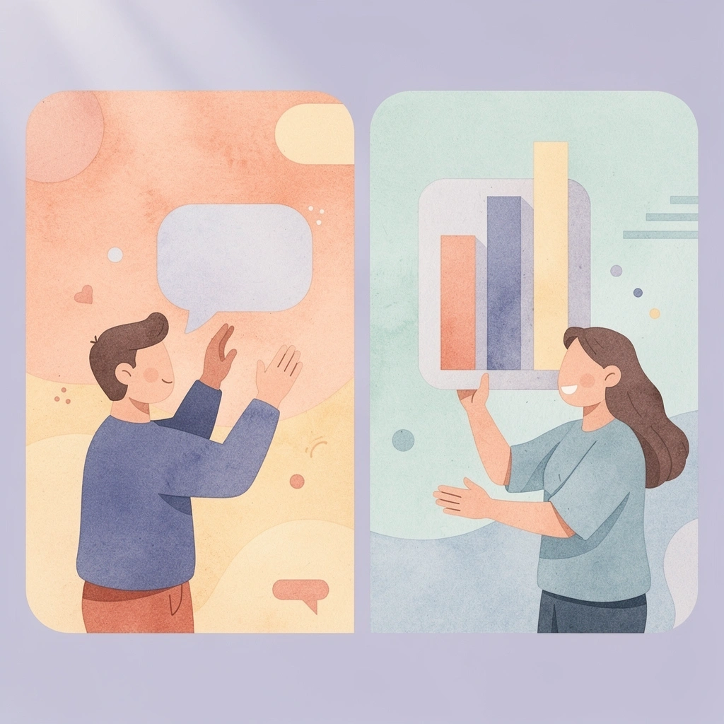 Split scene showing task completion versus system building approaches