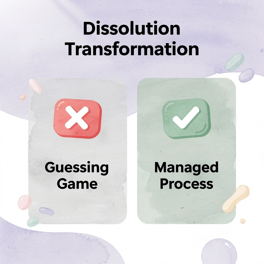 Before and after comparison showing transformation from guessing game to managed process