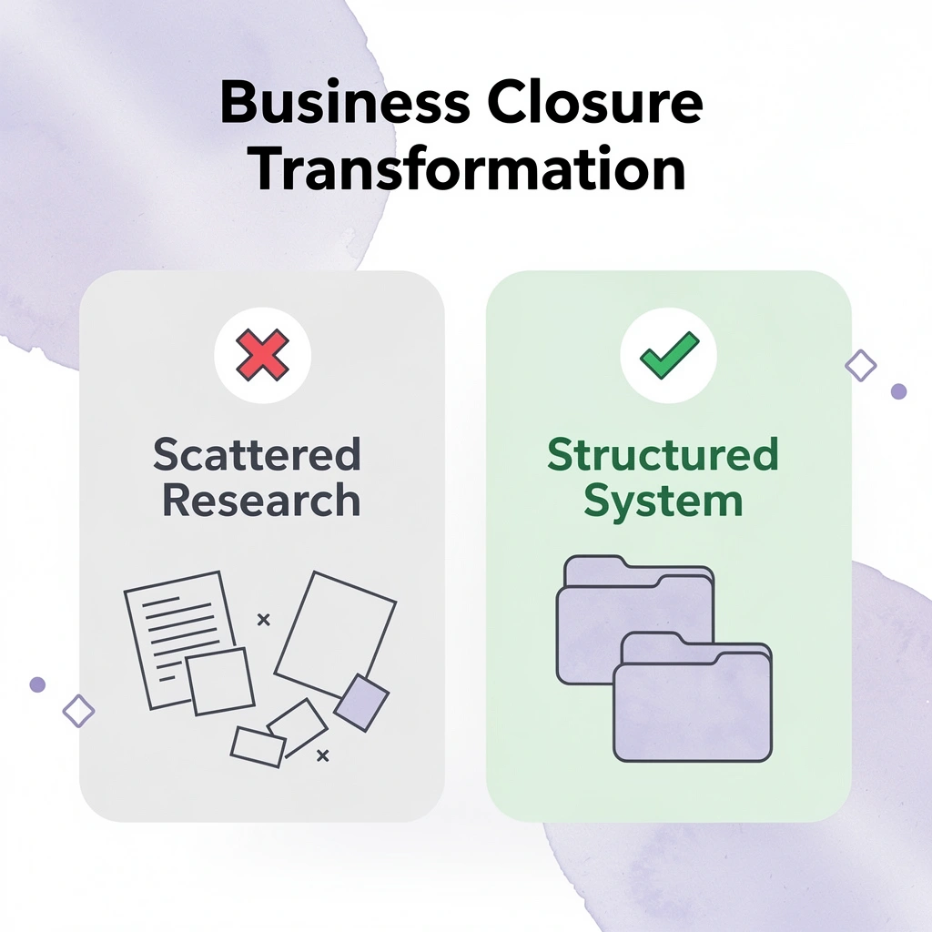 Before and after comparison showing transformation from scattered research to a structured system