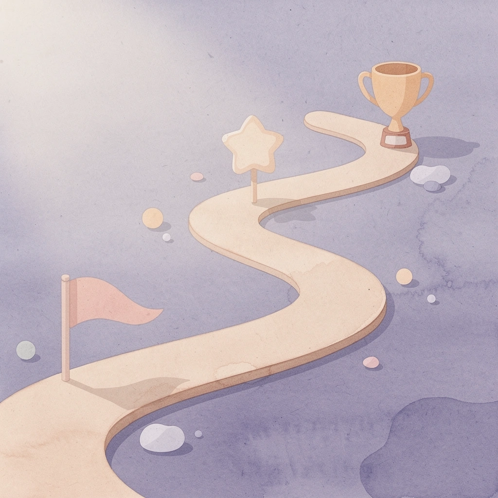 Winding path with milestones representing sequential dissolution process