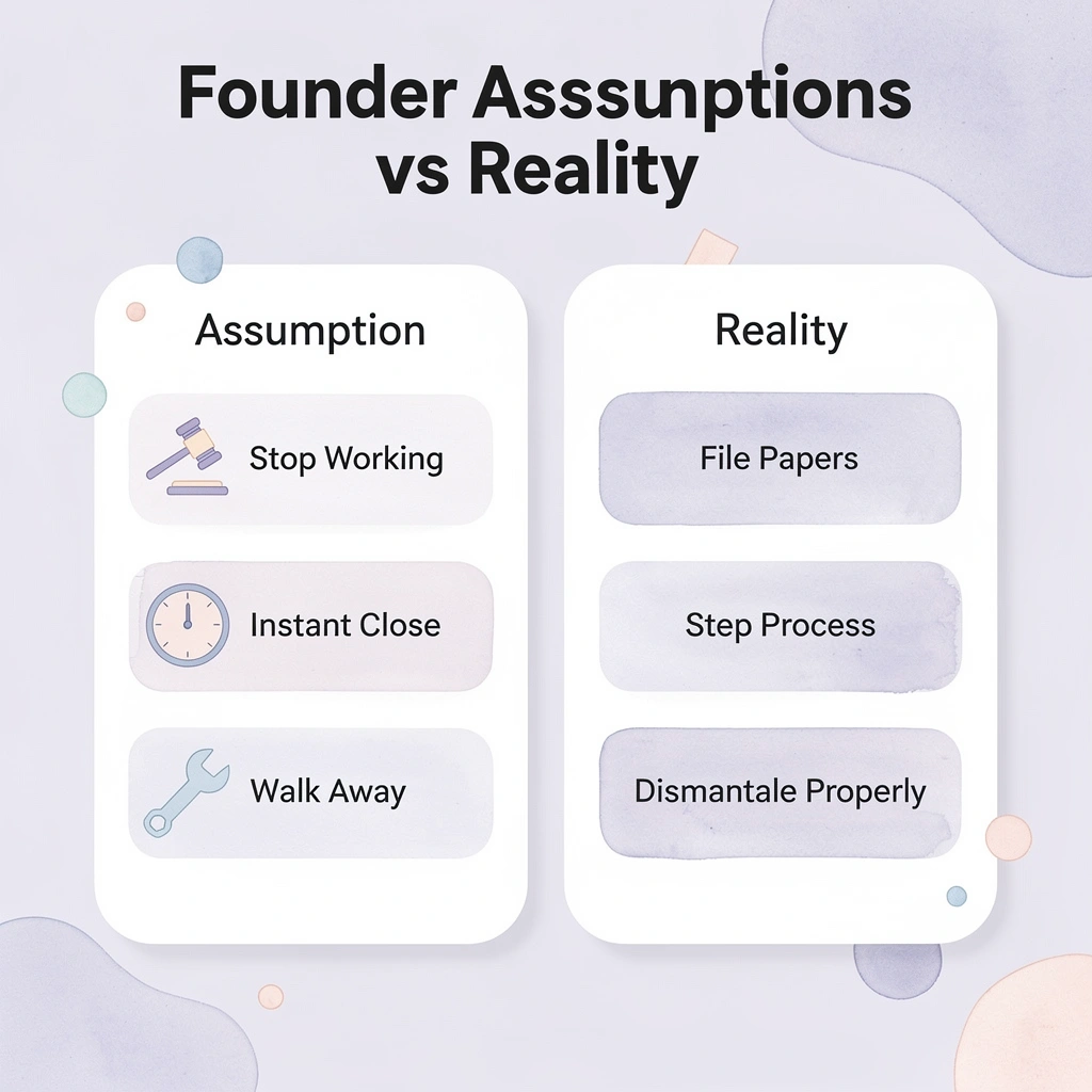 Comparison table showing founder assumptions versus legal reality