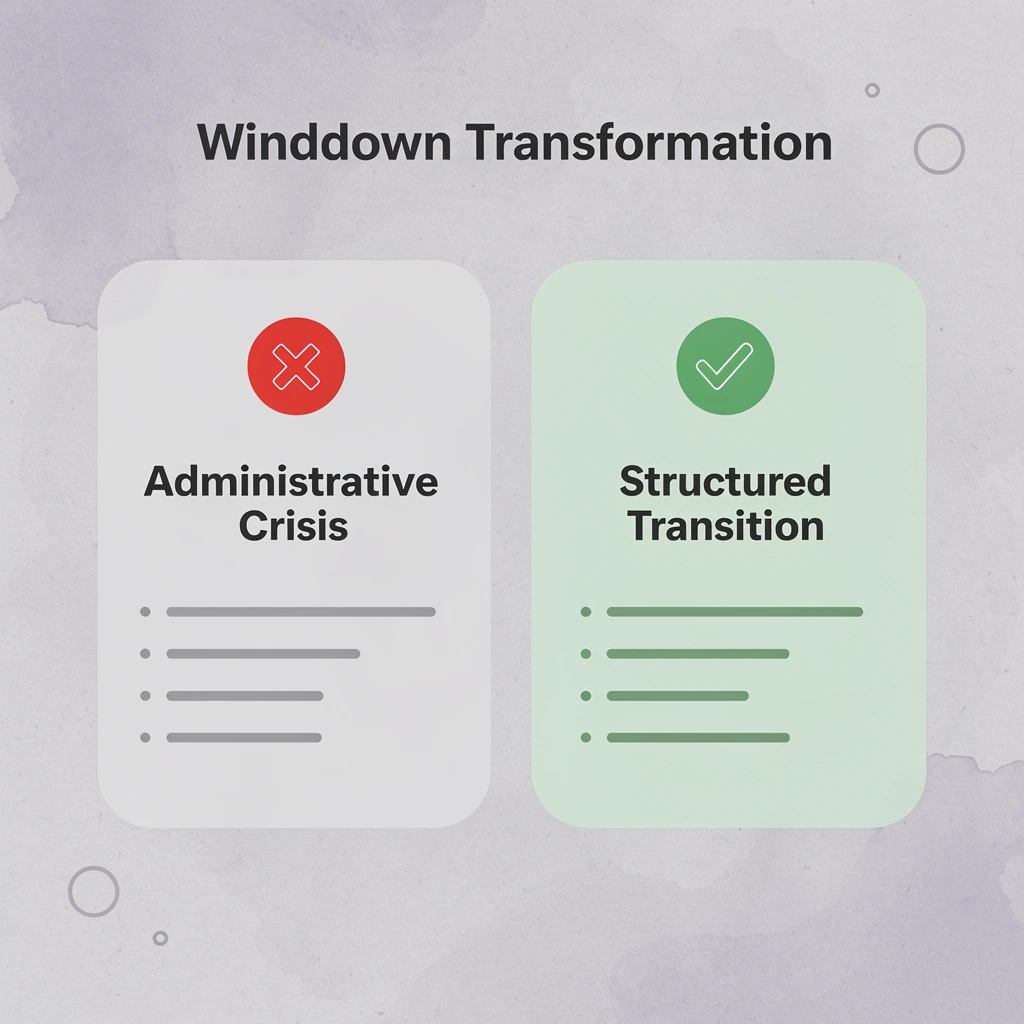 Before and after comparison showing transformation from administrative crisis to structured transition