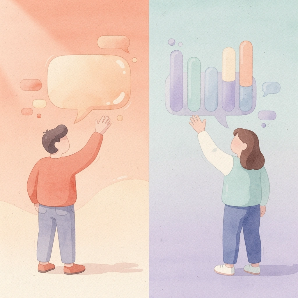 Split scene showing business logic versus emotional response