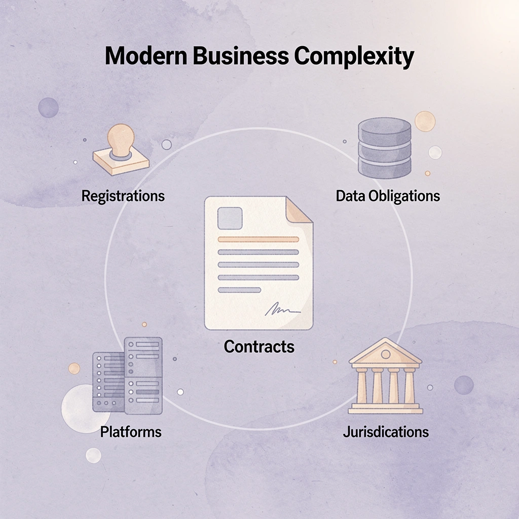 Hub and spoke diagram showing a company at the center connected to contracts, registrations, data obligations, jurisdictions, and platforms