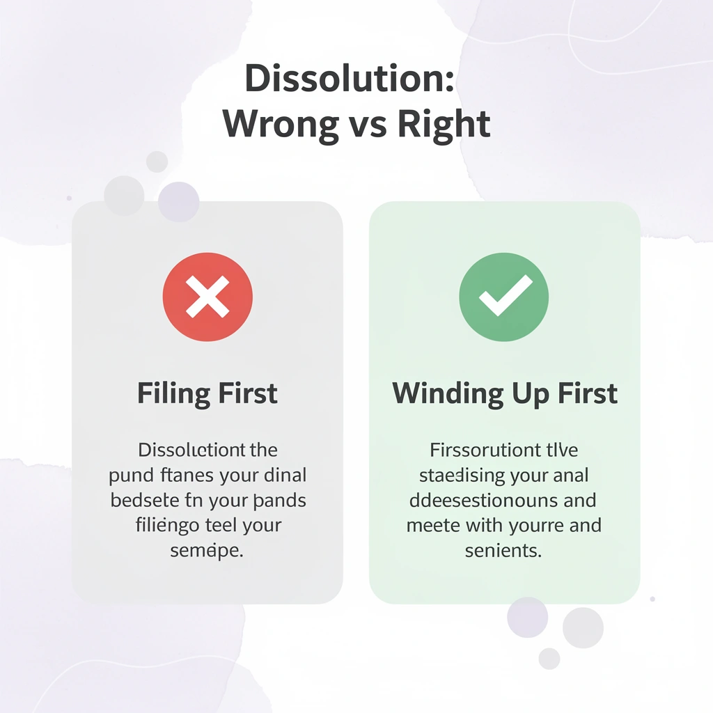 Before and after infographic showing wrong versus right approach to Hawaii LLC dissolution