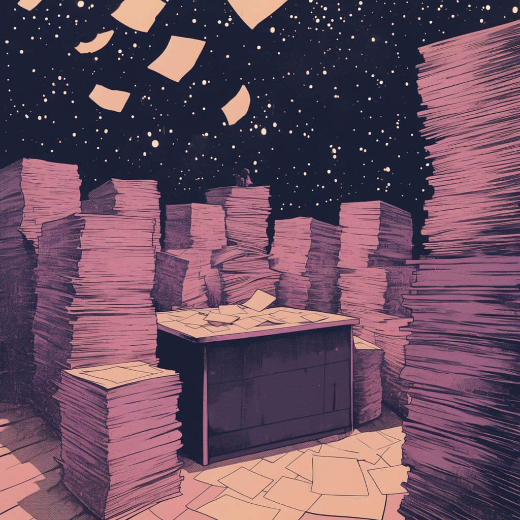 An illustration of a desk, surrounded floor to ceiling with paperwork.