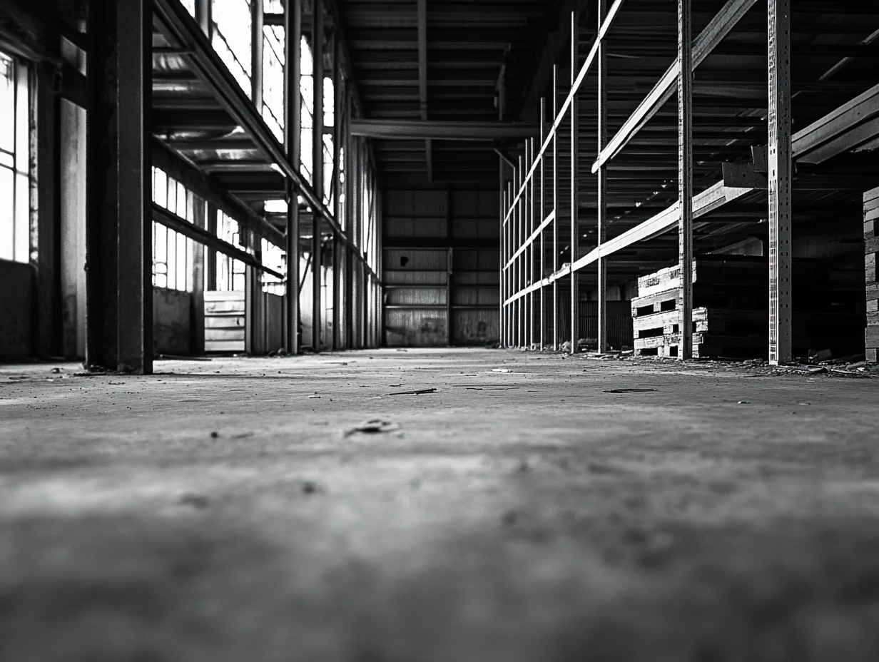 A warehouse sits empty because of supply chain disruption in a tariff-era economy.