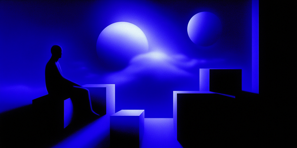 a person sits in a dark, isolated, and sparse space