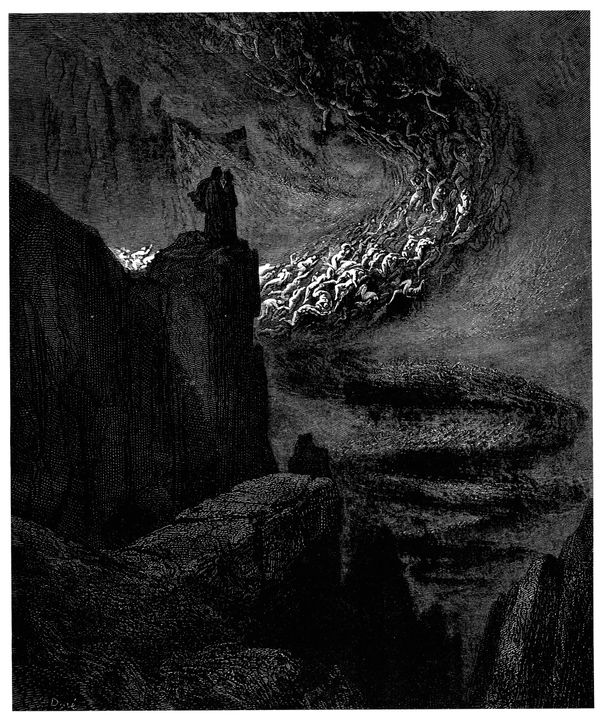 Gustave Doré’s illustration of Inferno. Plate XIV: Canto V, a hurricane of souls.