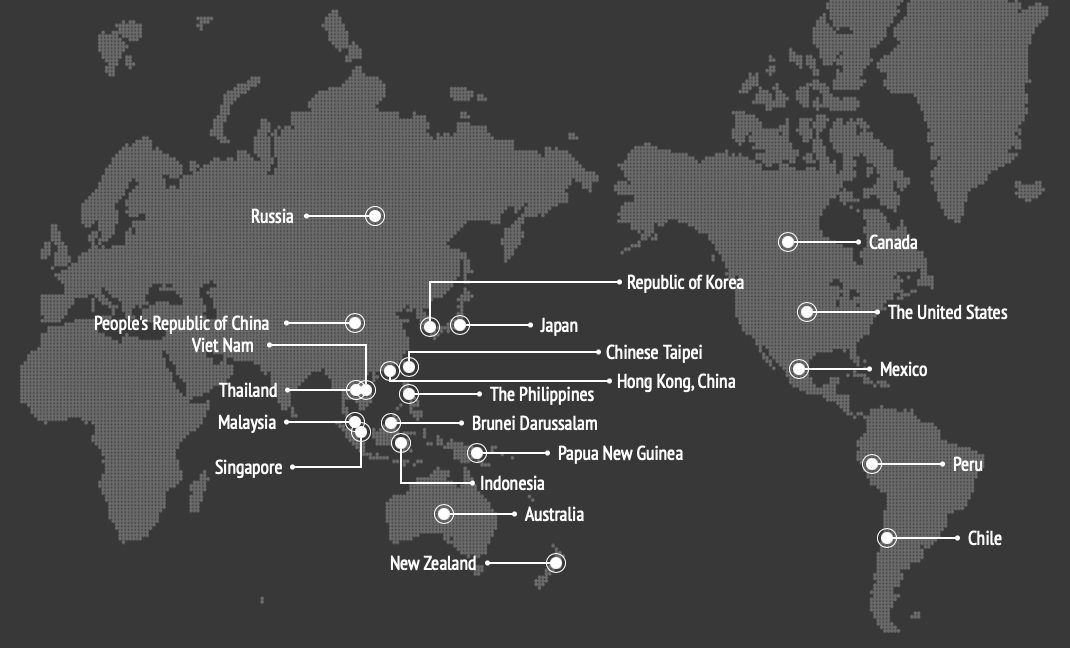 亞太經濟合作(Asia-Pacific Economic Cooperation)成員地區。(資料來源：APEC官方網站)