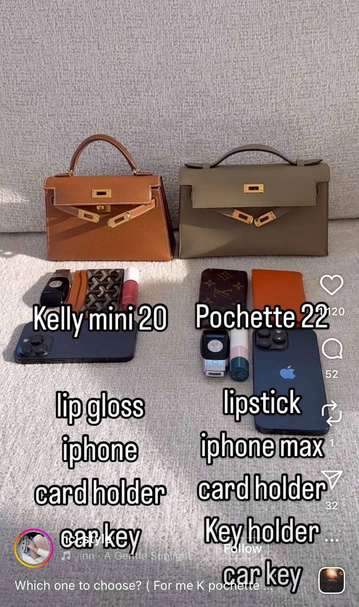 網民分享Mini Kelly&nbsp;II&nbsp;同&nbsp;Kelly Pochette（Mini Kelly I）容量。(資料來源：社交平台)
