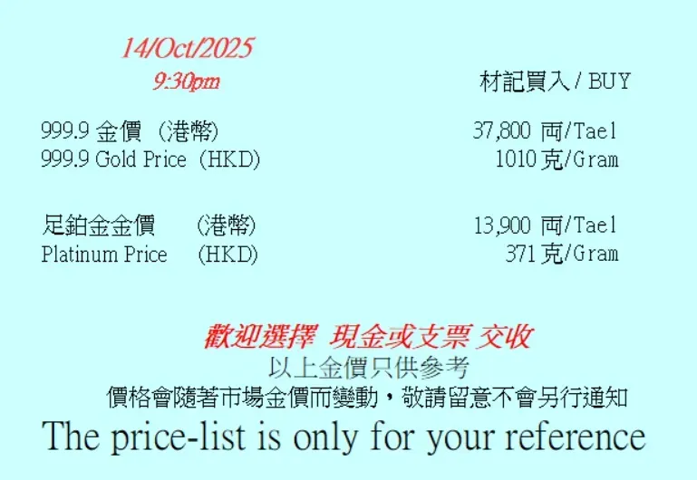 金行公布嘅參考金價。(資料來源：&nbsp;材記金舖)