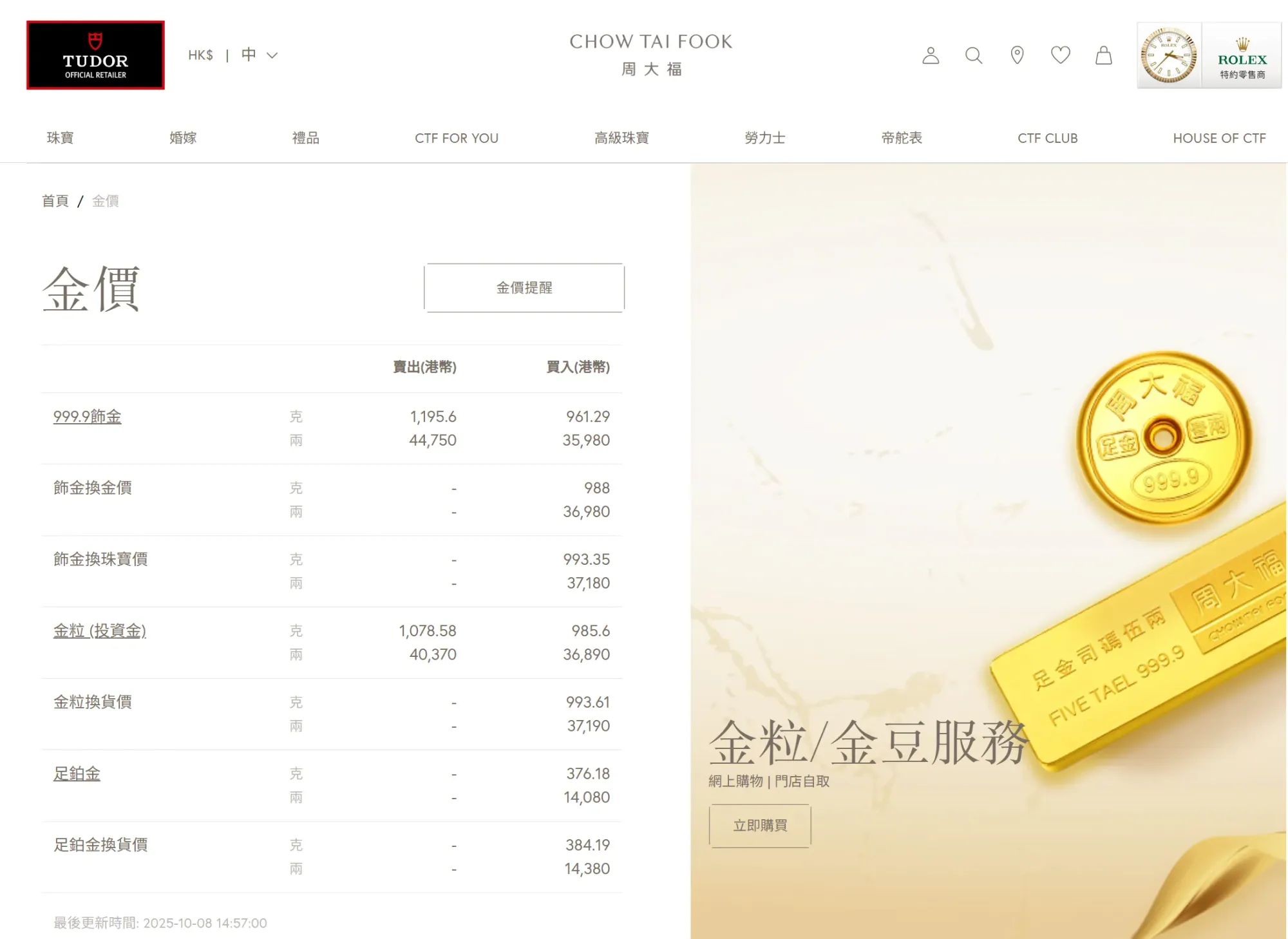 周大福⋯⋯等香港金行，一般提供999.9金條。(資料來源：周大福官方網站)