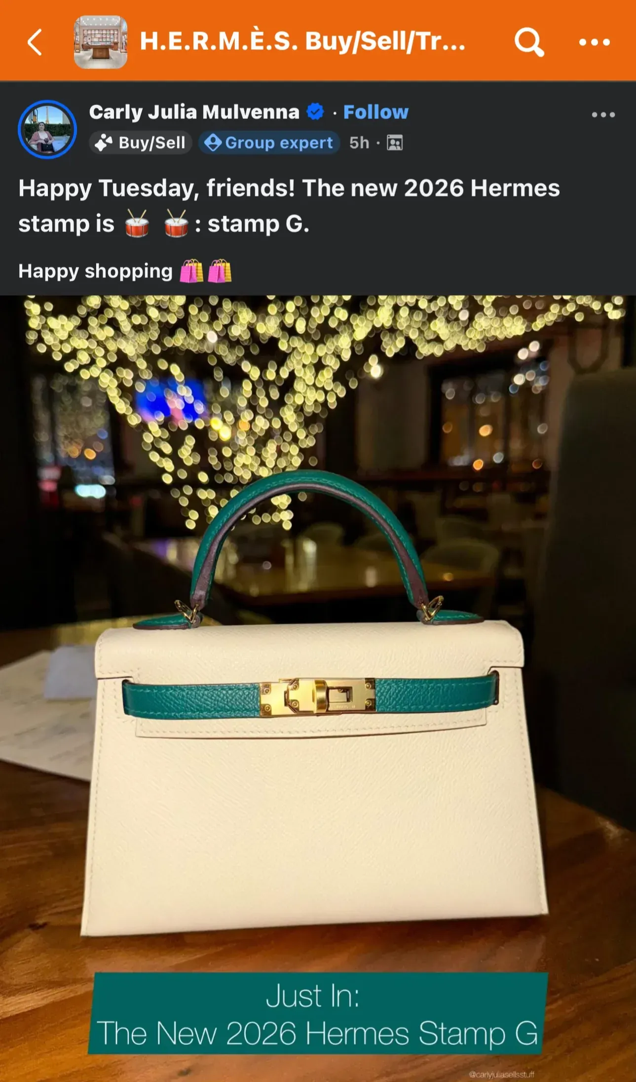 網民&nbsp;Carly Julia Mulvennay&nbsp;於2026&nbsp;年&nbsp;1&nbsp;月&nbsp;21&nbsp;日&nbsp;Facebook&nbsp;分享的&nbsp;2026&nbsp;年&nbsp;G&nbsp;刻印，該包袋屬特別訂製款式（Special Order），為愛馬仕部分客製化製作案例之一。