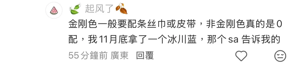 網民分享早前於香港購入冰川藍款式時，店員曾提及金剛色與非金剛色在配貨安排上的實際分別，反映不同顏色在購買門檻上的差異。