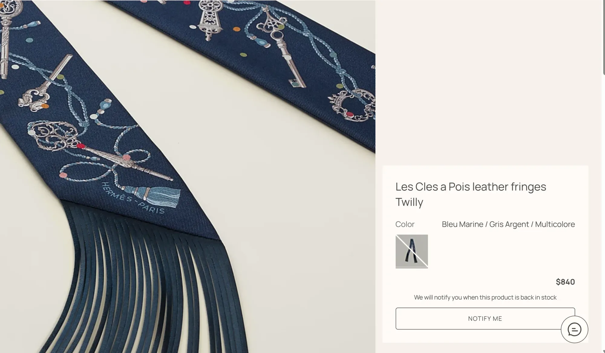Hermès Les Clés à Pois Leather Fringes Twilly官方產品圖,Twilly 兩端加入彩色皮革流蘇
