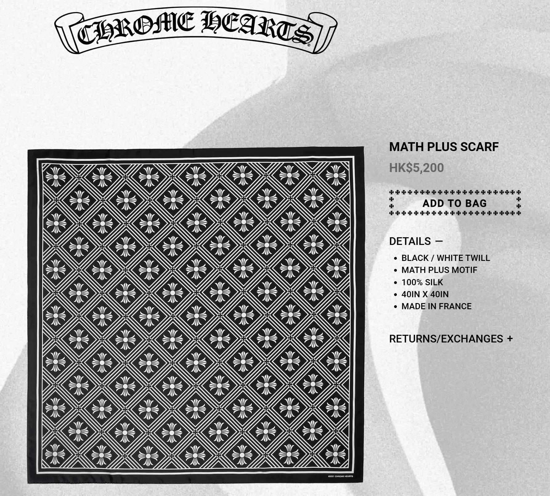 Chrome Hearts&nbsp;官網上架之絲巾產品（MATH PLUS SCARF），屬少量可網上購買的非主力商品