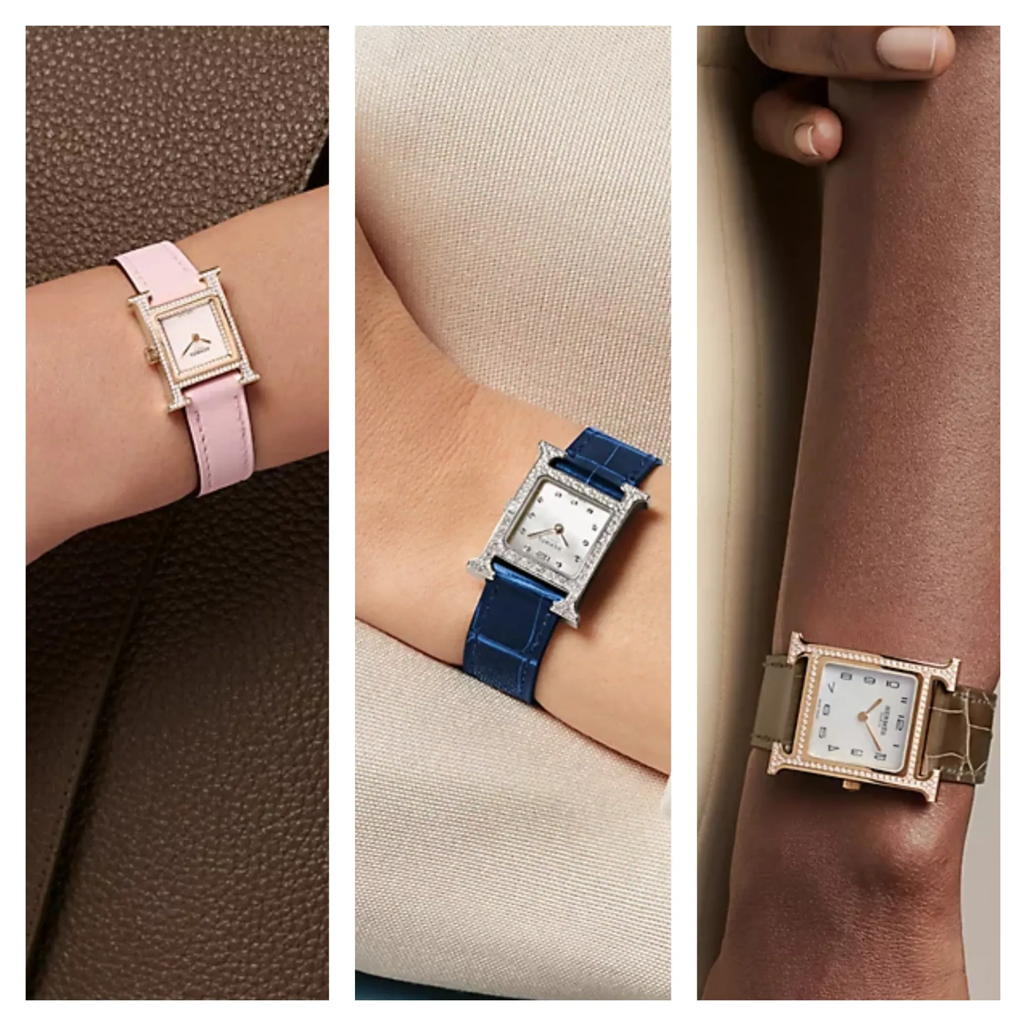 Hermès Heure H&nbsp;屬品牌經典「H」字形錶殼設計，圖中由左至右分別為&nbsp;21mm（Mini）、25mm（Small）及&nbsp;30mm（Medium）尺寸，比例由細緻斯文至較有存在感不等。