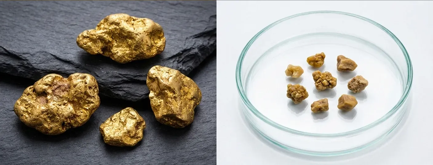 天然金粒與腎結石外觀對比。兩者同樣呈不規則塊狀及黃褐色，匆忙情況下容易誤判。