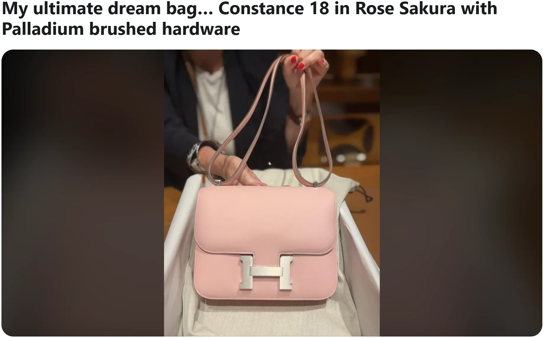 網民分享海外用家歷時約&nbsp;2.5&nbsp;年，最終得到佢嘅&nbsp;ultimate dream bag——Constance 18，Rose Sakura。