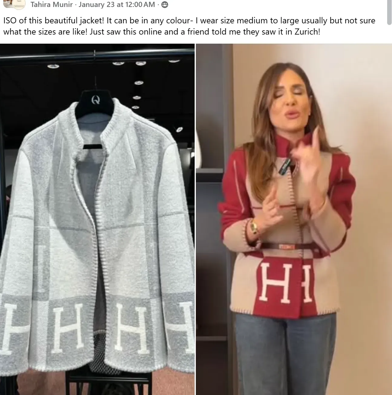 網民分享保留大型「H」圖案嘅&nbsp;Hermès&nbsp;毛毯改製外套款式