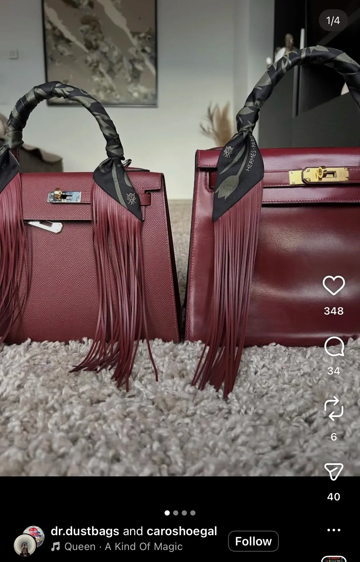網民sweetbabybladefoot 於Instagram分享Leather Fringes Twilly 綁於Kelly手袋