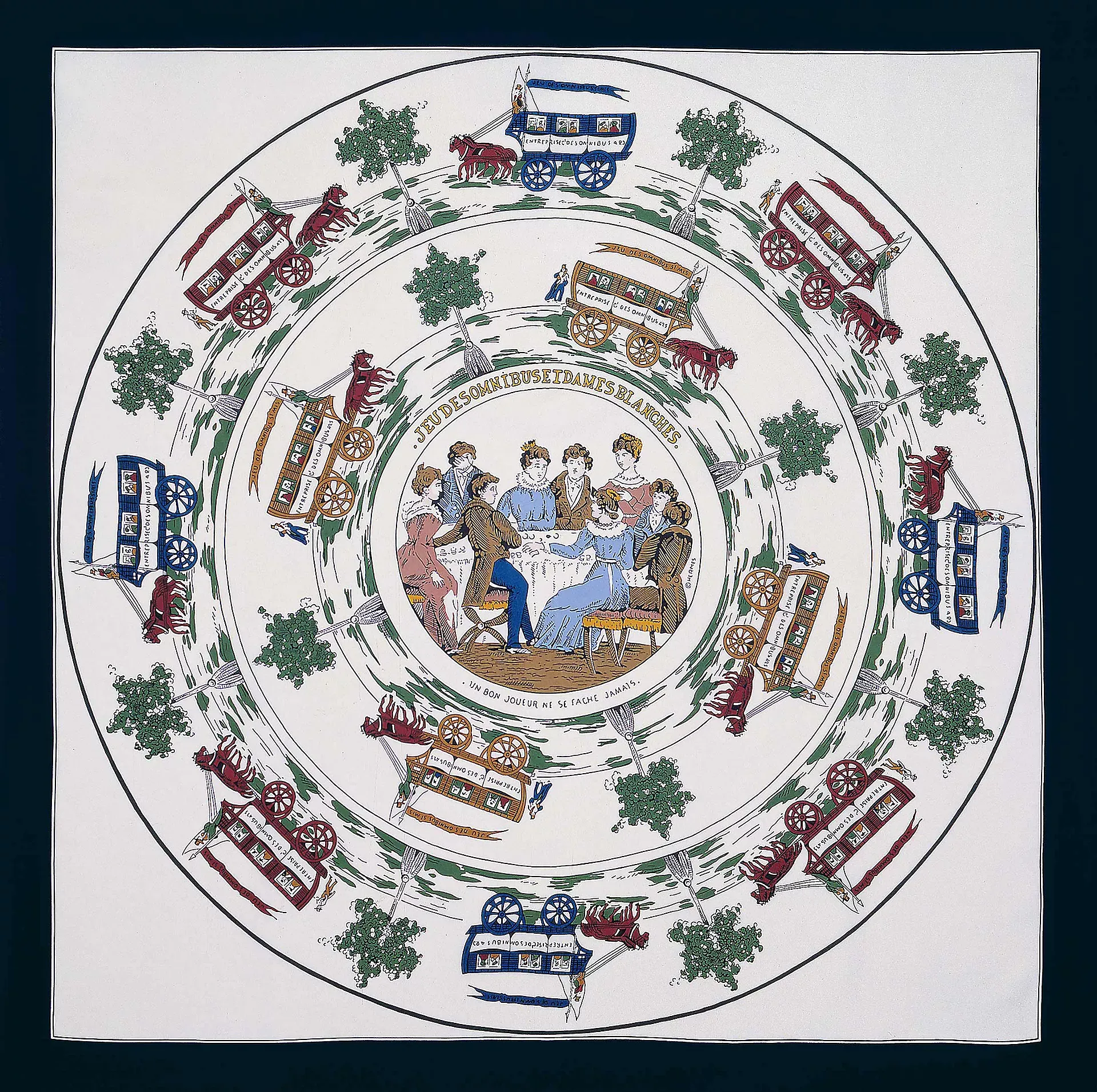 Hermès 首條絲巾於 1937 年推出,首個圖案名為 Jeu des Omnibus et Dames Blanches,由 Émile Hermès 女婿 Robert Dumas 設計,並成為品牌絲巾系列嘅起點。