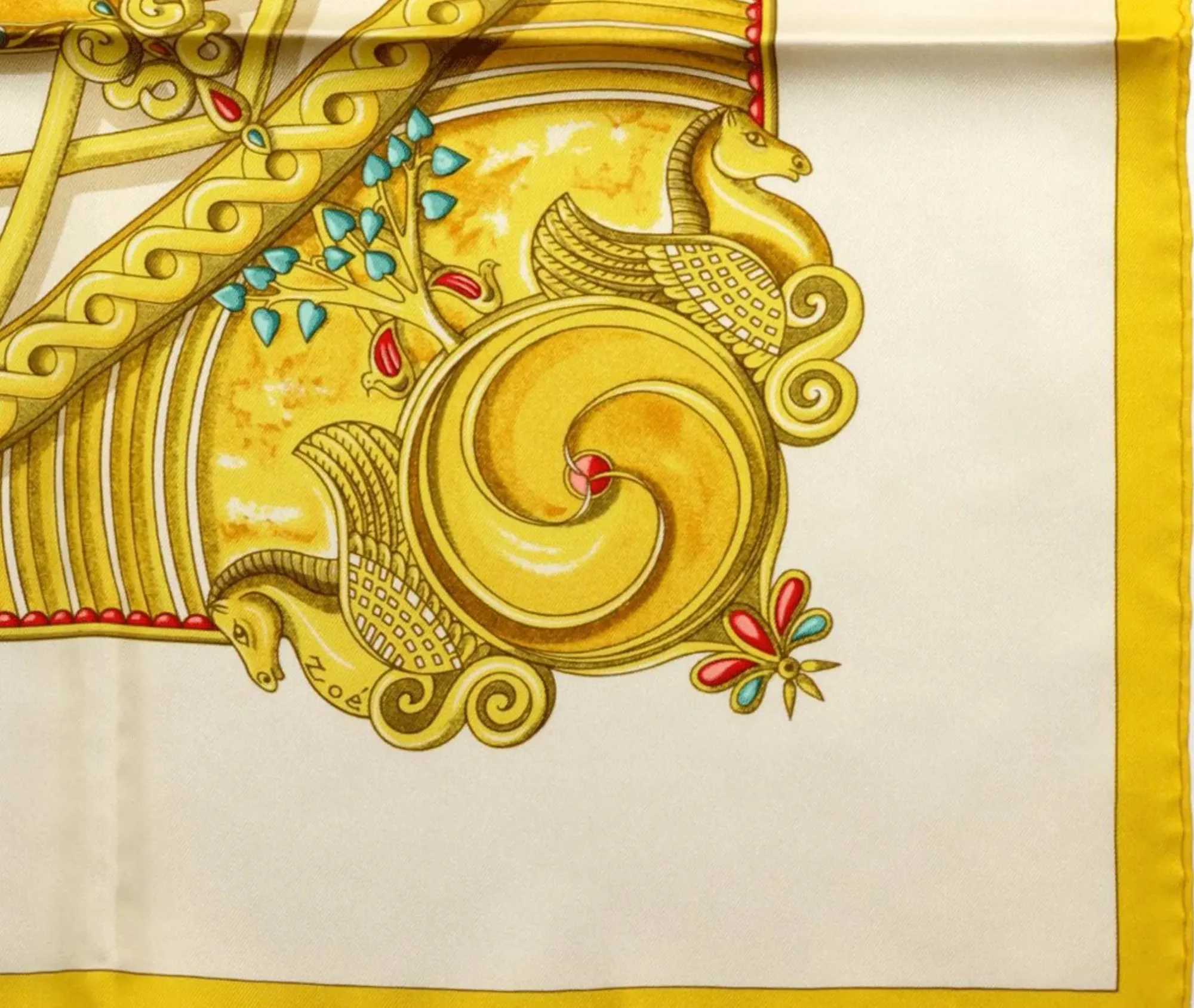 Hermès 絲巾 Monnaies et Symboles des Parisii(Zoé Pauwels 設計),圖案中可以見到簡化簽名「Zoé」。