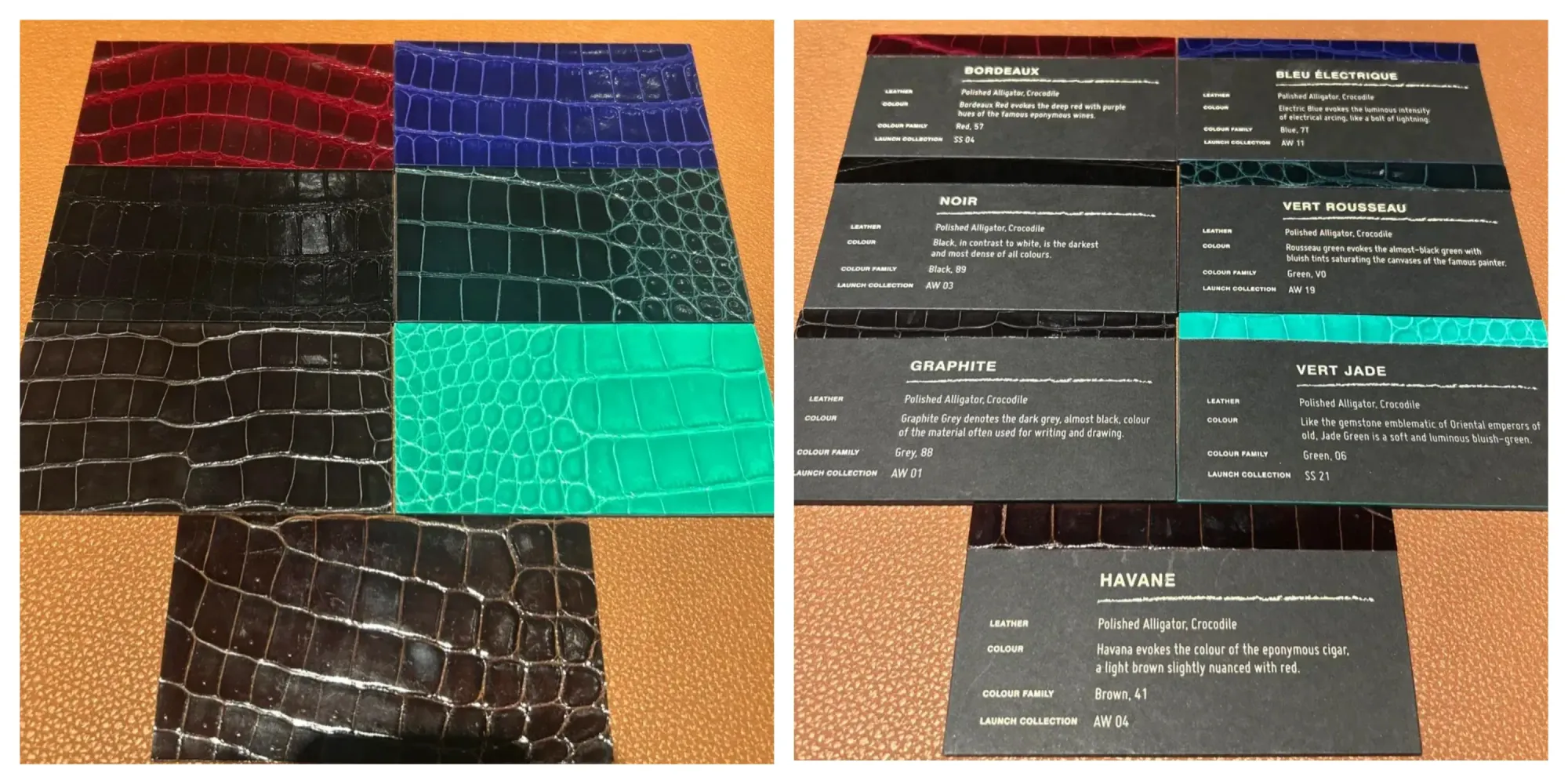 網民分享一組鱷魚皮色版，色系包括深色系有&nbsp;Noir&nbsp;同&nbsp;Graphite；綠色系包括&nbsp;Vert Rousseau&nbsp;同&nbsp;Vert Jade；暖色方面就有&nbsp;Bordeaux&nbsp;同&nbsp;Havane；而最搶眼嘅，應該係帶冷調衝擊感嘅電藍&nbsp;Bleu Électrique。