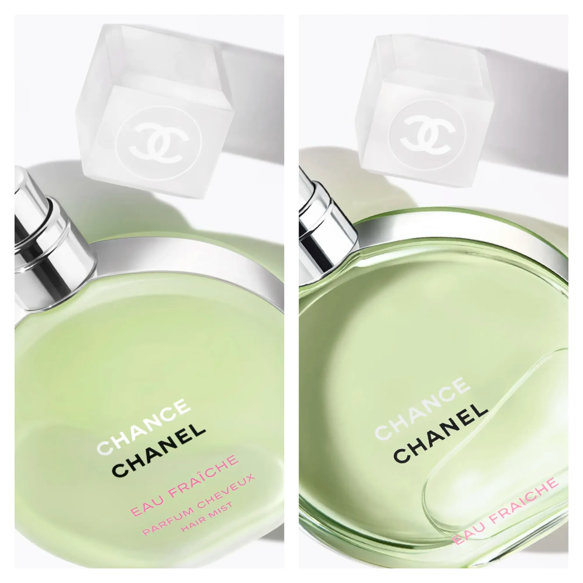 左為 Chanel CHANCE EAU TENDRE 髮香噴霧(35ml,約HKD 520);右為 CHANCE EAU FRAÎCHE 淡香水噴霧(50ml,約HKD 945),兩者在容量、價格及產品定位(髮香 vs 香水)上均有明顯差異。