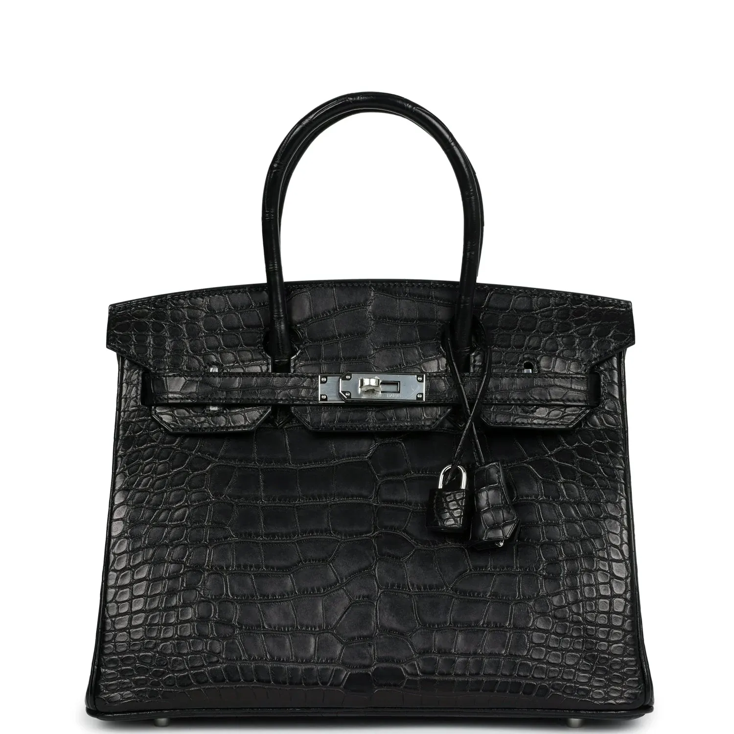 Hermès Birkin 30&nbsp;黑色霧面&nbsp;Alligator（鱷魚皮）配&nbsp;Palladium&nbsp;銀色五金示意圖。霧面（Matte）處理會減低皮革光澤感，相比亮面（Shiny）鱷魚皮更低調，因此有用家會考慮作日常使用。