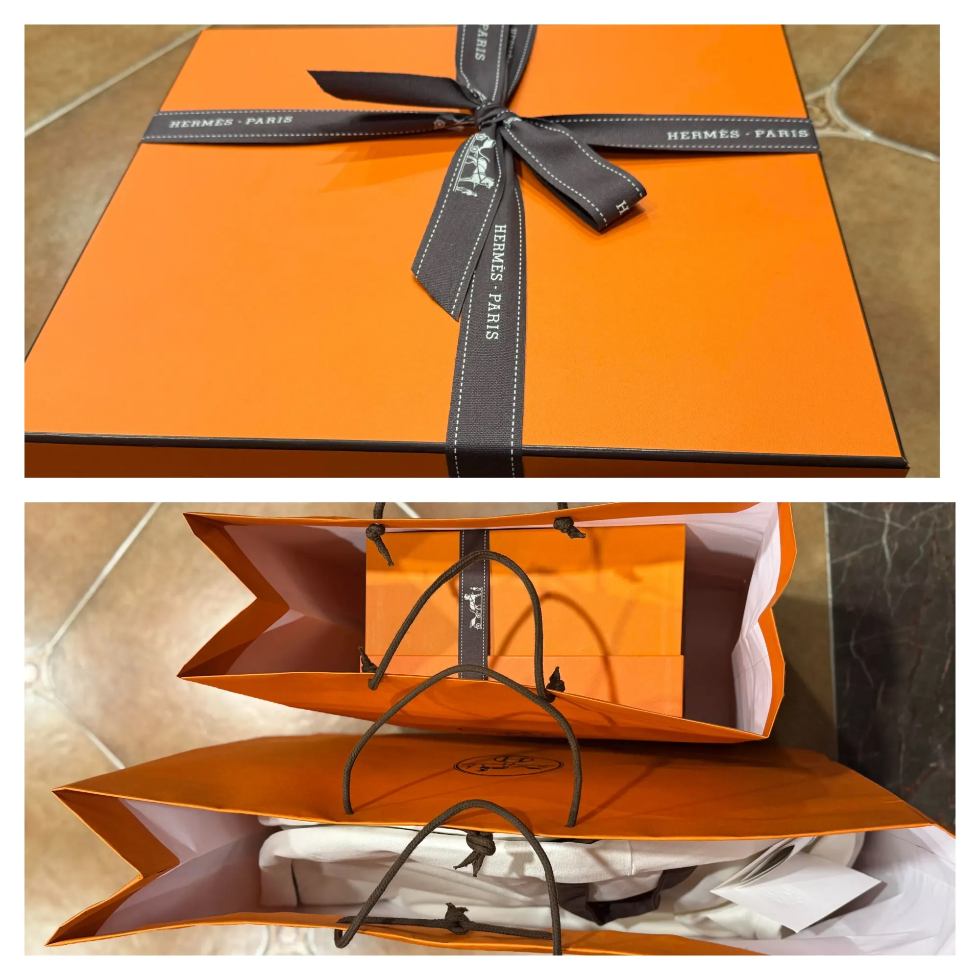 橙盒滿載而歸：絲巾與配貨一併打包帖主分享購物後嘅戰利品——標誌性橙色紙盒，連同其他貨單品一齊帶走。儀式感拉滿，畫面感十足，亦為呢次入手畫上圓滿句號。