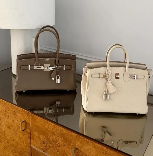 Birkin 25&nbsp;與&nbsp;Shoulder Birkin 29&nbsp;對比，可見後者袋身較扁、手柄較長，整體比例及使用方式有所不同。