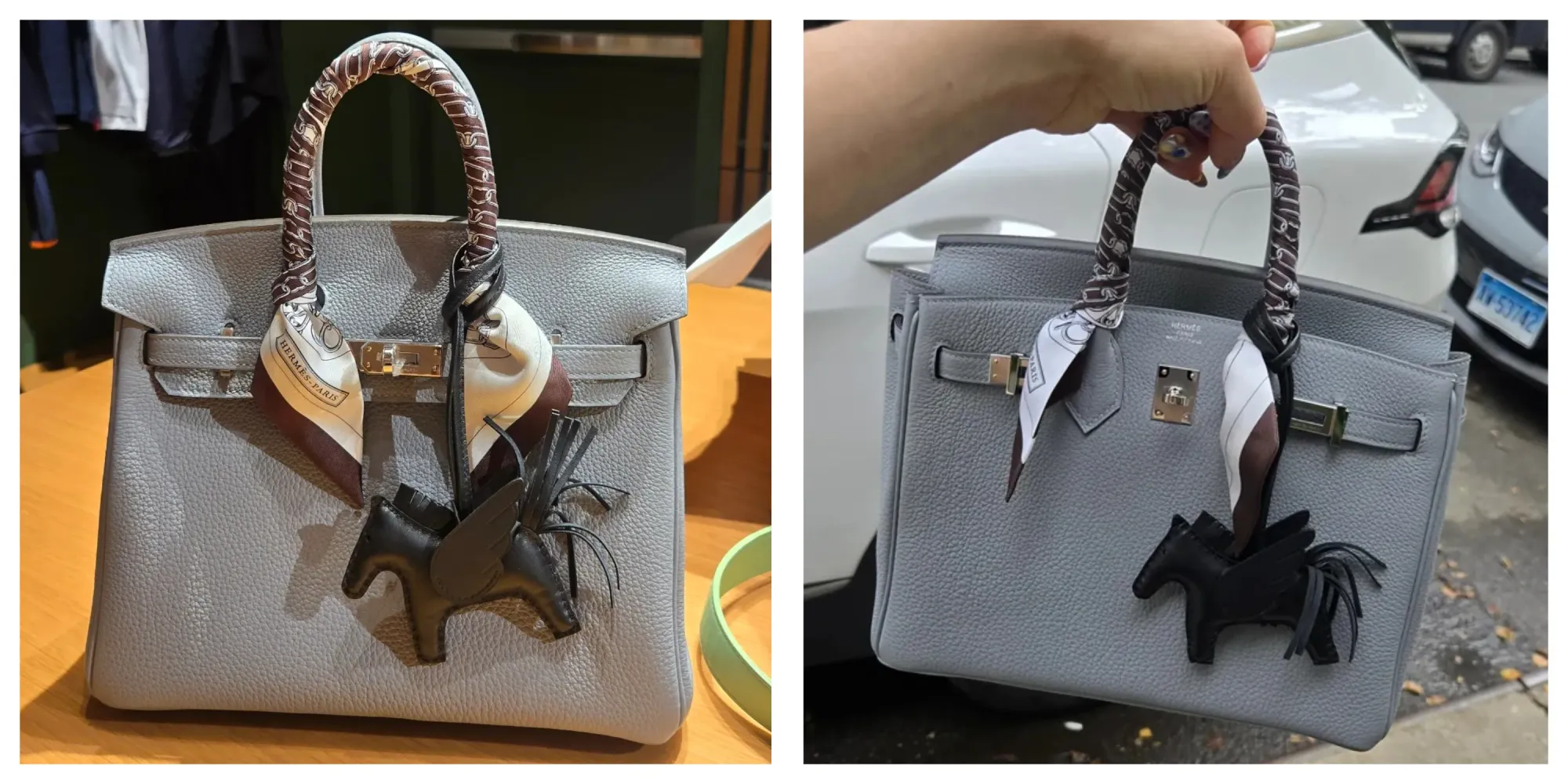 用家展示&nbsp;Hermès Gris Pantin&nbsp;配&nbsp;PHW&nbsp;嘅&nbsp;Birkin 25，對比室內與室外光線下嘅顏色變化；室內偏冷灰調，戶外自然光下則帶淡藍感，呈現明顯「變色灰」效果。