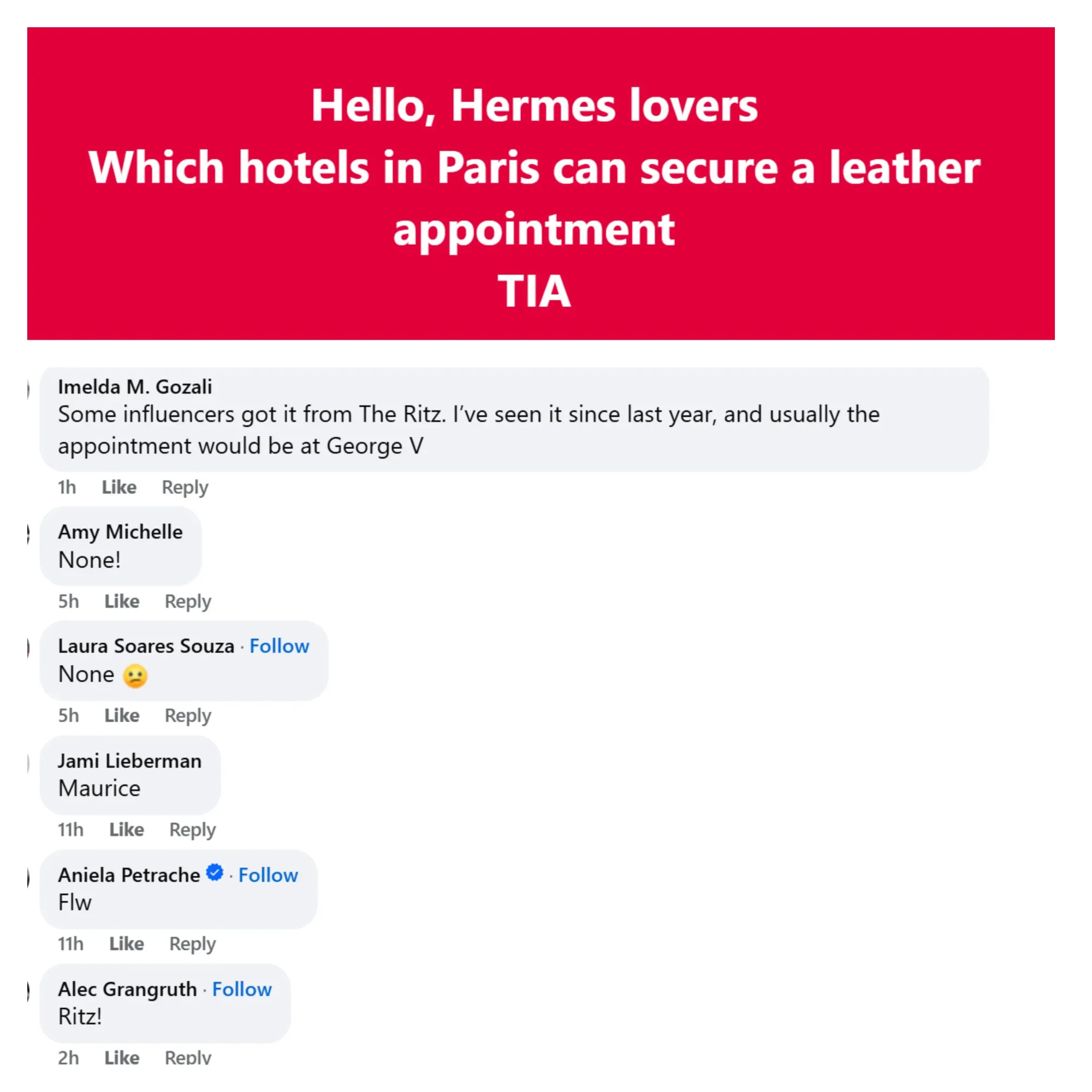 網民於2026年發帖詢問巴黎酒店預約 leather appointment 的可能性,惟回應普遍認為相關方法已不再可行。
