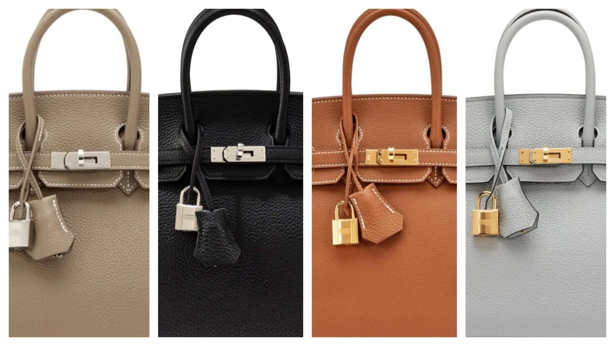 Hermès Birkin&nbsp;多款經典與熱門顏色對比，包括&nbsp;Etoupe、Noir、Gold&nbsp;及&nbsp;Gris Pantin，展示由暖灰、黑色到金棕與冷灰調之間嘅整體色系差異與風格取向。