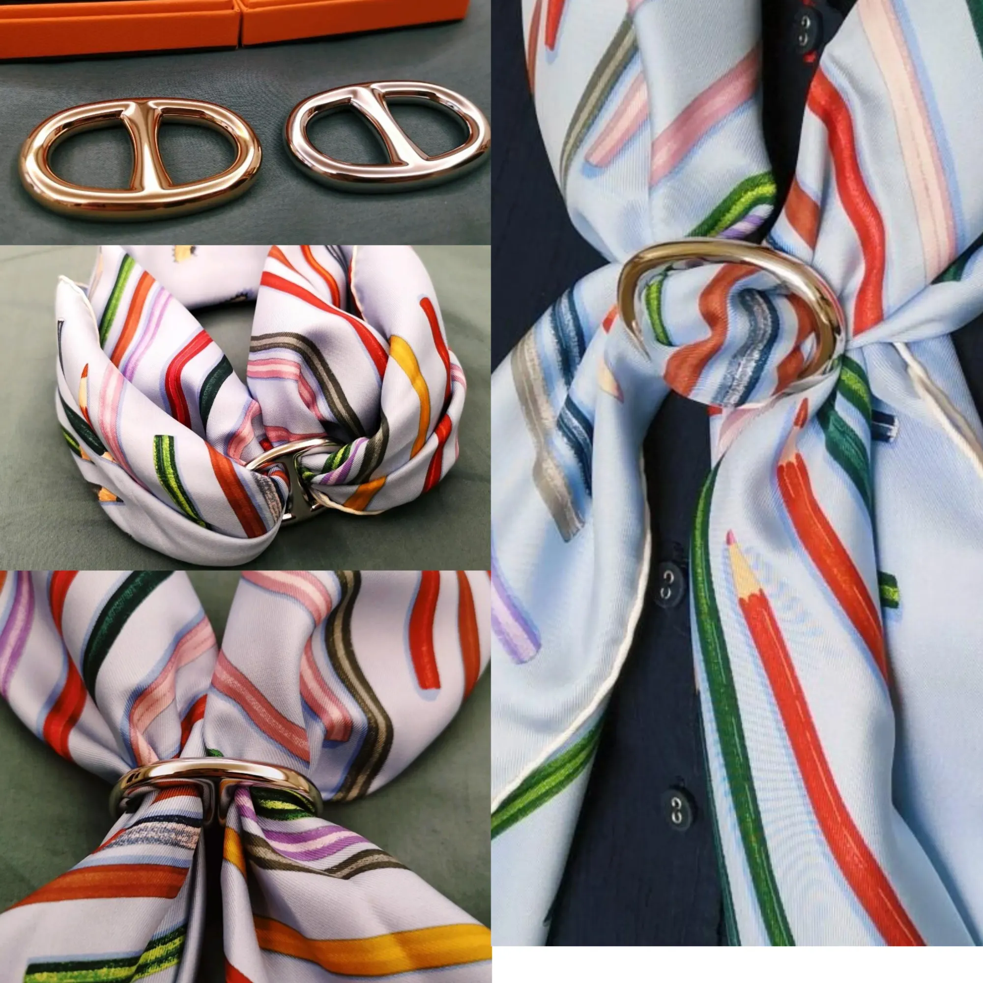 經典&nbsp;Chaine d’Ancre scarf 90 ring，主要配搭&nbsp;90cm&nbsp;絲巾作頸巾造型使用