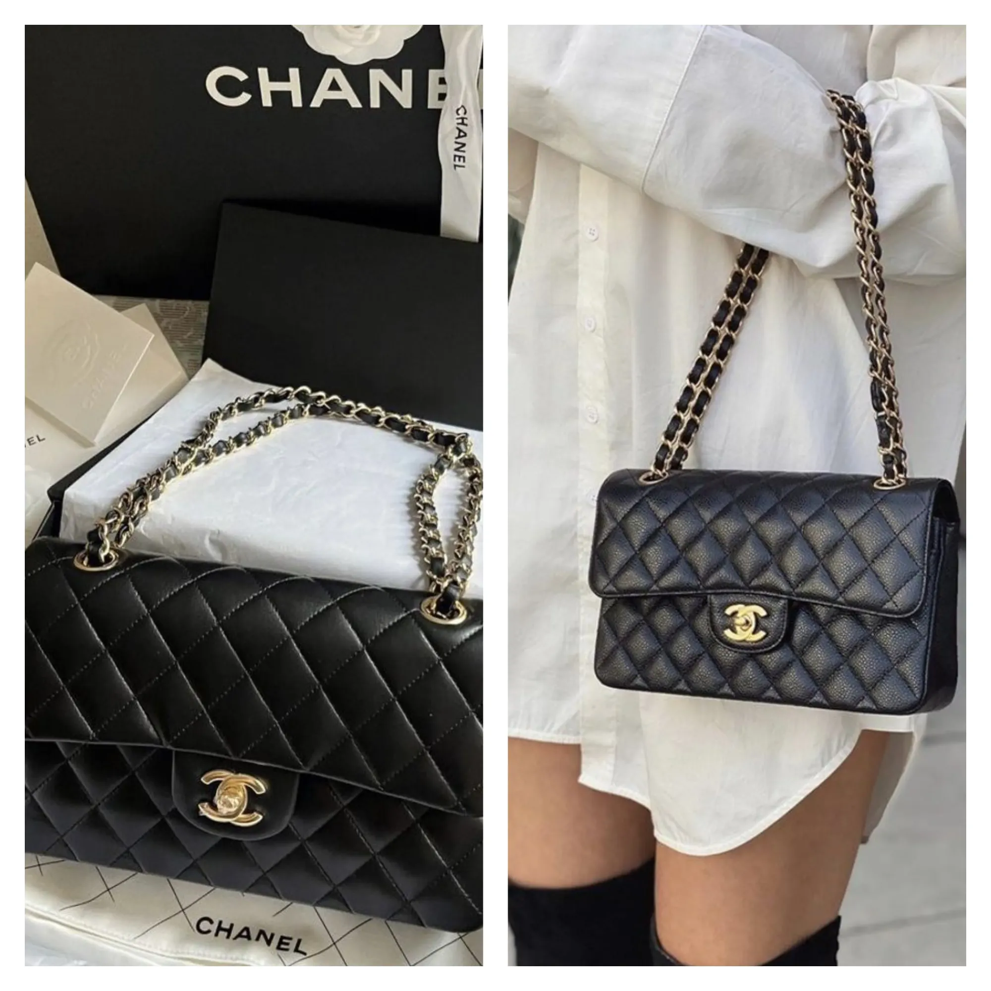 黑色 Chanel Classic Flap 配金扣(GHW)一直被視為最經典組合,亦係最多人心目中嘅「標準Chanel CF」。左圖為 lambskin(羊皮)版本;右圖則係 caviar(牛皮荔枝紋)上身效果。